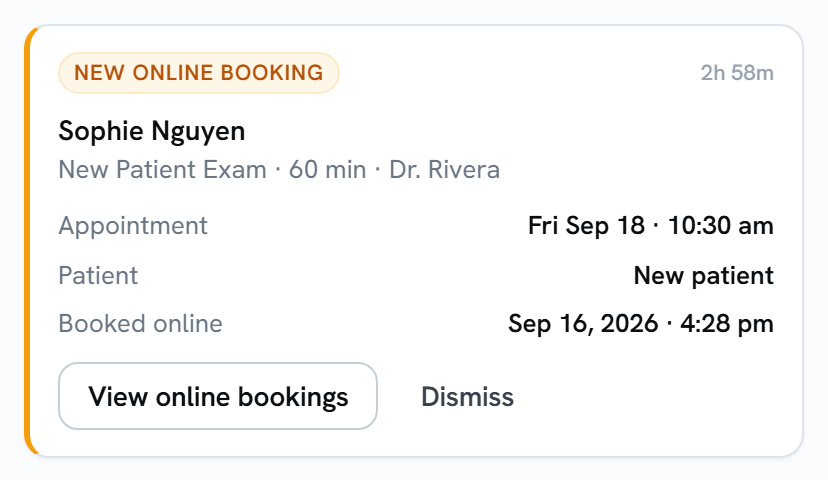 A New online booking card for Sophie Nguyen: New Patient Exam, 60 min, Dr. Rivera; Appointment Fri Sep 18 at 10:30 am; Patient: New patient; Booked online Sep 16, 2026 at 4:23 pm; with View online bookings and Dismiss buttons.