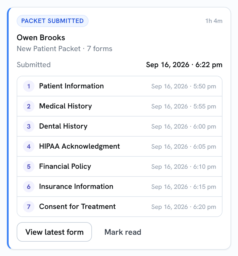 A Packet submitted card for Owen Brooks: New Patient Packet, 7 forms, submitted at 6:17 pm, with all seven forms listed in order from Patient Information to Consent for Treatment.