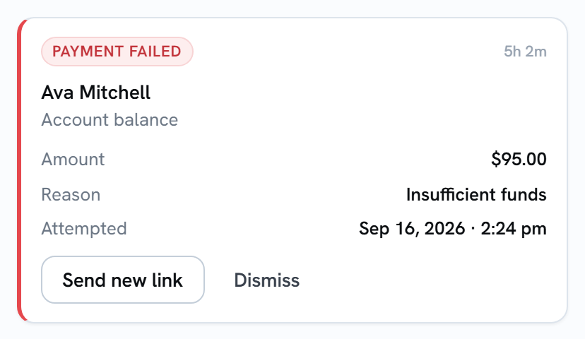 A Payment failed card for Ava Mitchell: Account balance, amount $95.00, reason Insufficient funds, attempted Sep 16, 2026 at 2:19 pm, with Send new link and Dismiss buttons.