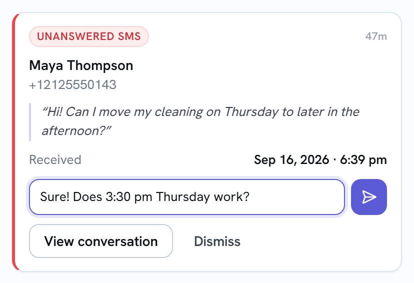 An Unanswered SMS card with Sure! Does 3:30 pm Thursday work? typed in the Quick reply box and the send arrow highlighted.