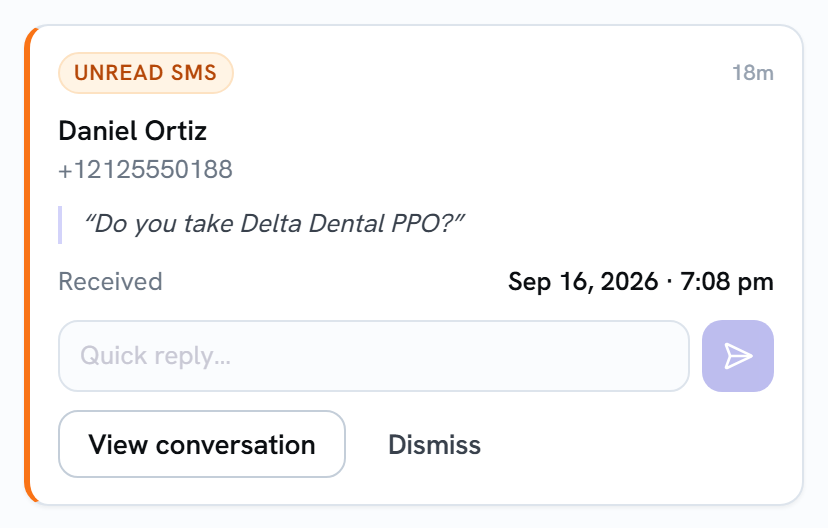 An Unread SMS card for Daniel Ortiz, 18 minutes old, with the patient's phone number, the message Do you take Delta Dental PPO?, the received time, a Quick reply box, and View conversation and Dismiss buttons.