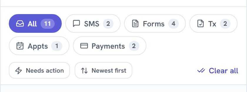 The filter chips All 11, SMS 2, Forms 4, Tx 2, Appts 1 and Payments 2, above the Needs action and Newest first buttons and the Clear all link.