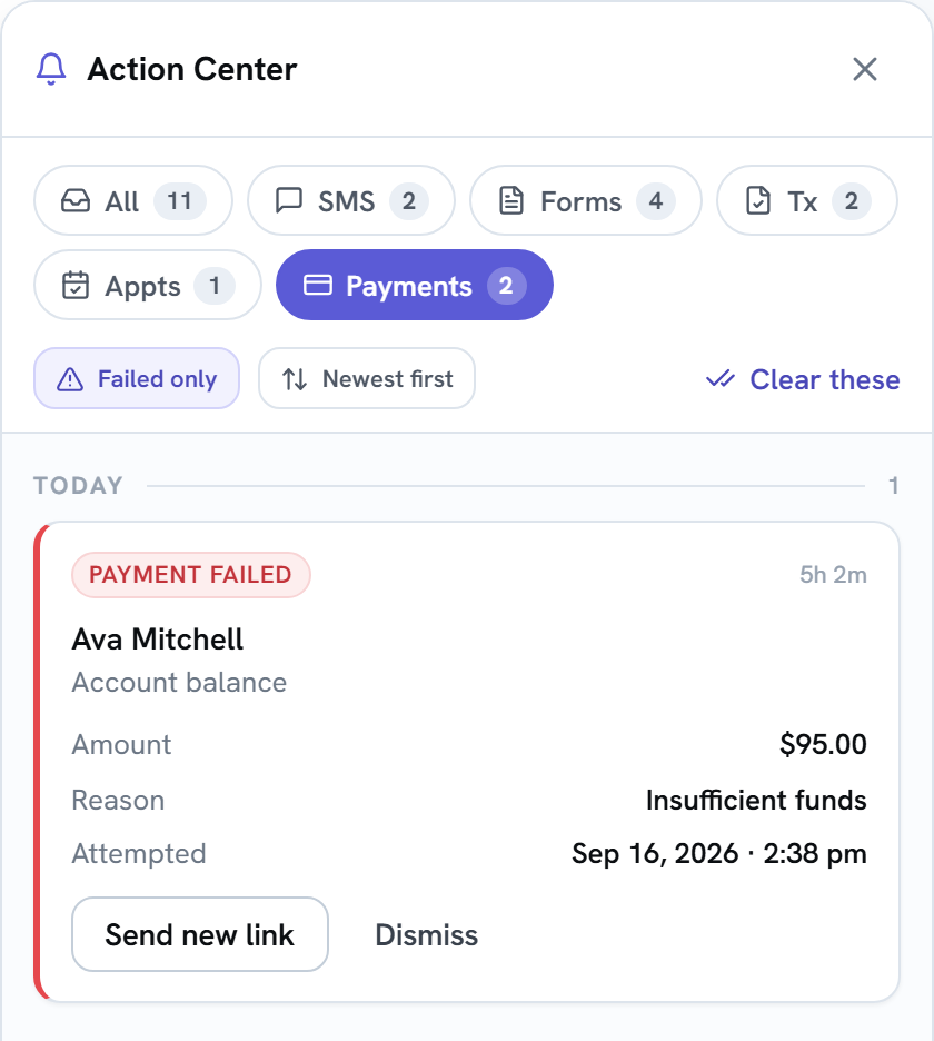 The Action Center on the Payments chip with the Failed only filter on, showing one Payment failed card and a Clear these link.