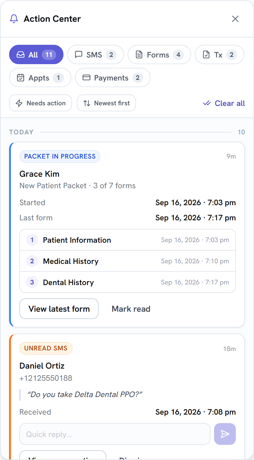 The Action Center panel: the All chip selected with 11 alerts, the SMS, Forms, Tx, Appts and Payments chips with their counts, Needs action and Newest first buttons, Clear all, and a Today group starting with a Packet in progress card and an Unread SMS card.