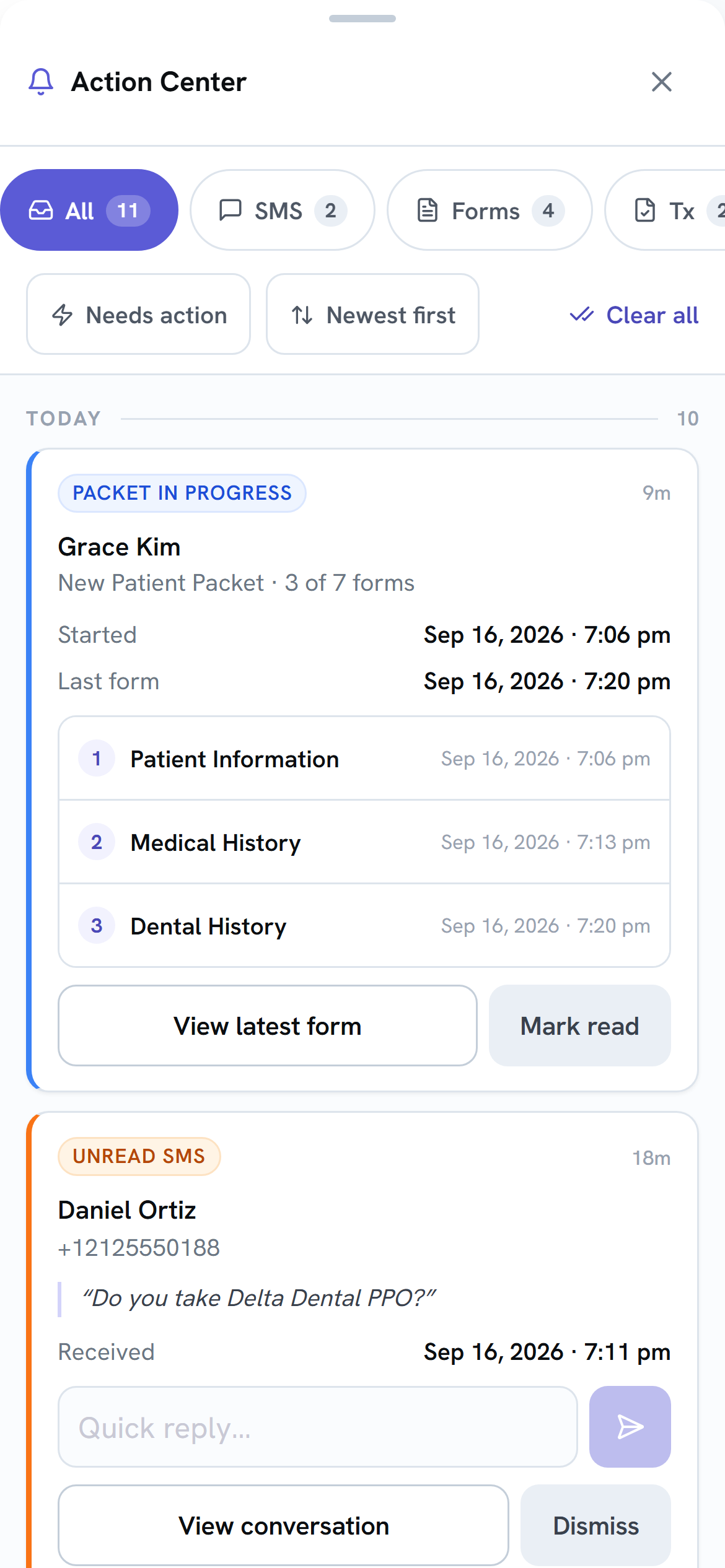 The Action Center as a full-screen sheet on a phone: a grab handle at the top, the Action Center title with a close X, a sideways-scrolling row of chips, Needs action, Newest first and Clear all, and a Packet in progress card with full-width View latest form and Mark read buttons.
