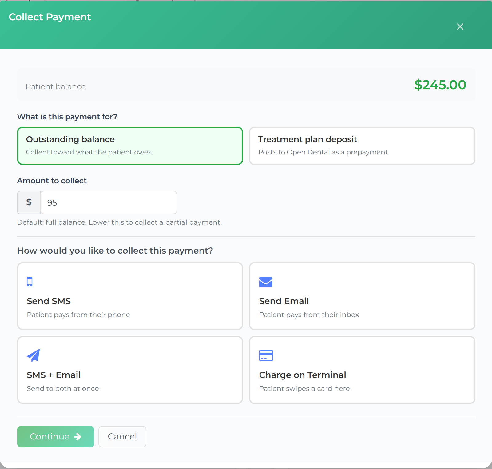 The Collect Payment window opened from a failed payment: Outstanding balance selected, 95 filled in as the amount to collect, and the Send SMS, Send Email, SMS + Email and Charge on Terminal options below.