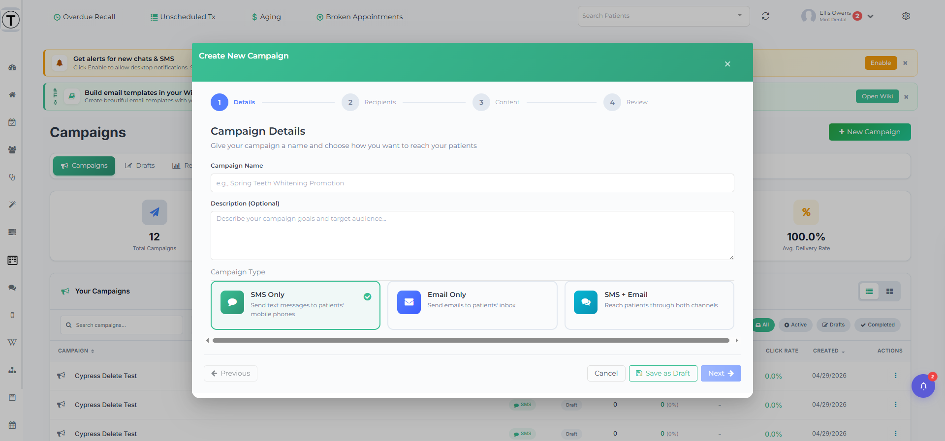 The Create New Campaign modal on Step 1, Details, with the four-step progress bar and the SMS Only, Email Only, and SMS + Email type cards.