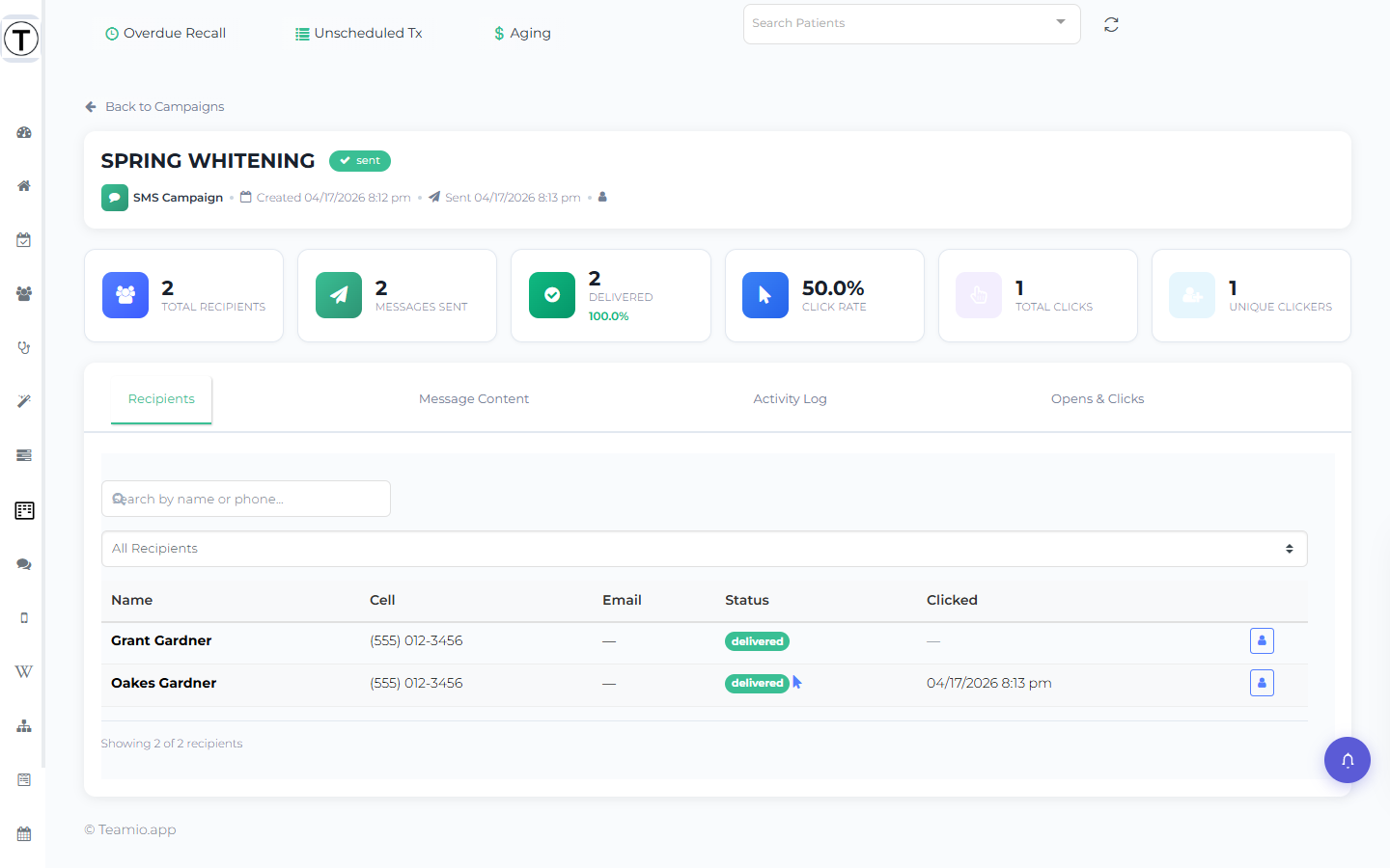 A sent campaign's detail page: Total Recipients, Messages Sent, Delivered, Click Rate, and Clicks stat cards above a Recipients tab listing each patient with cell, status, and click time.