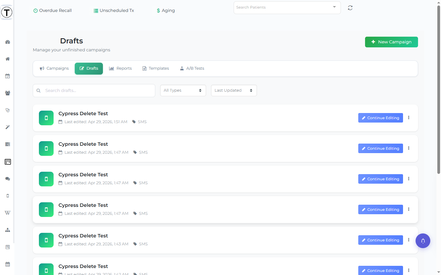 The Drafts tab listing saved unfinished campaigns, each showing its last-edited time and a Continue Editing button.