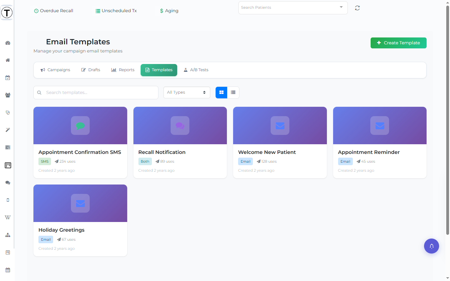 The Templates tab in Campaigns showing reusable template cards, each with an SMS/Email/Both badge and a usage count.