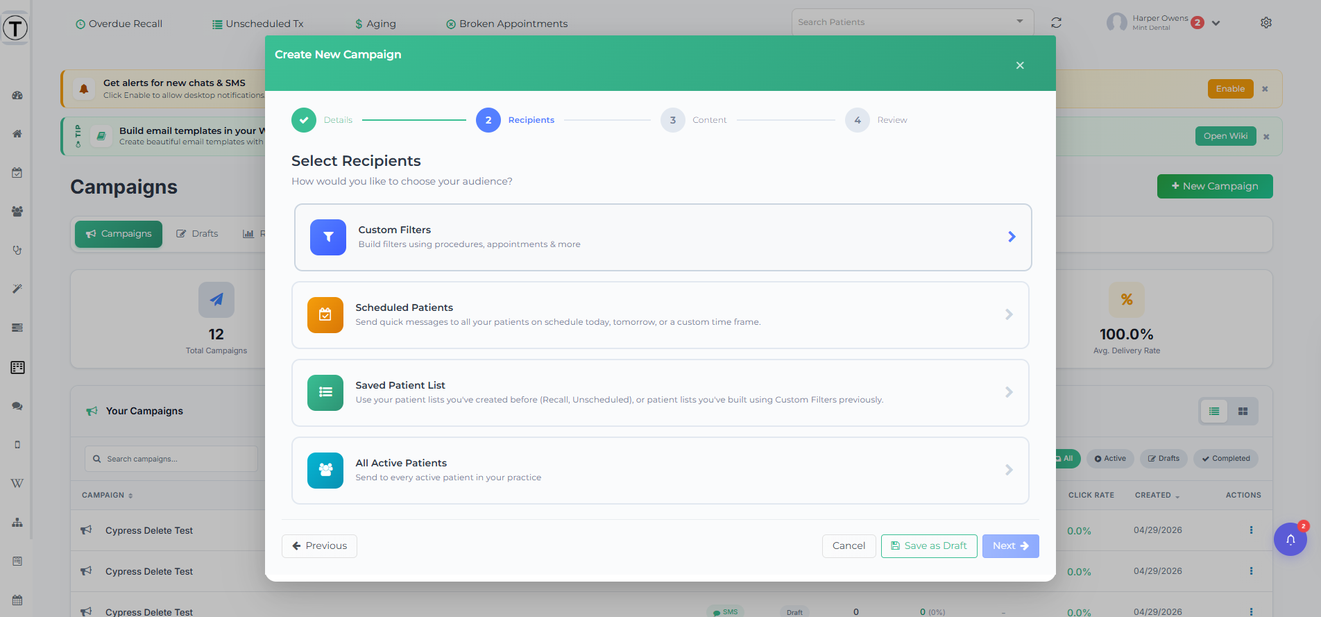 Step 2 of the New Campaign wizard, Select Recipients, asking how you'd like to choose your audience with the Custom Filters method card.