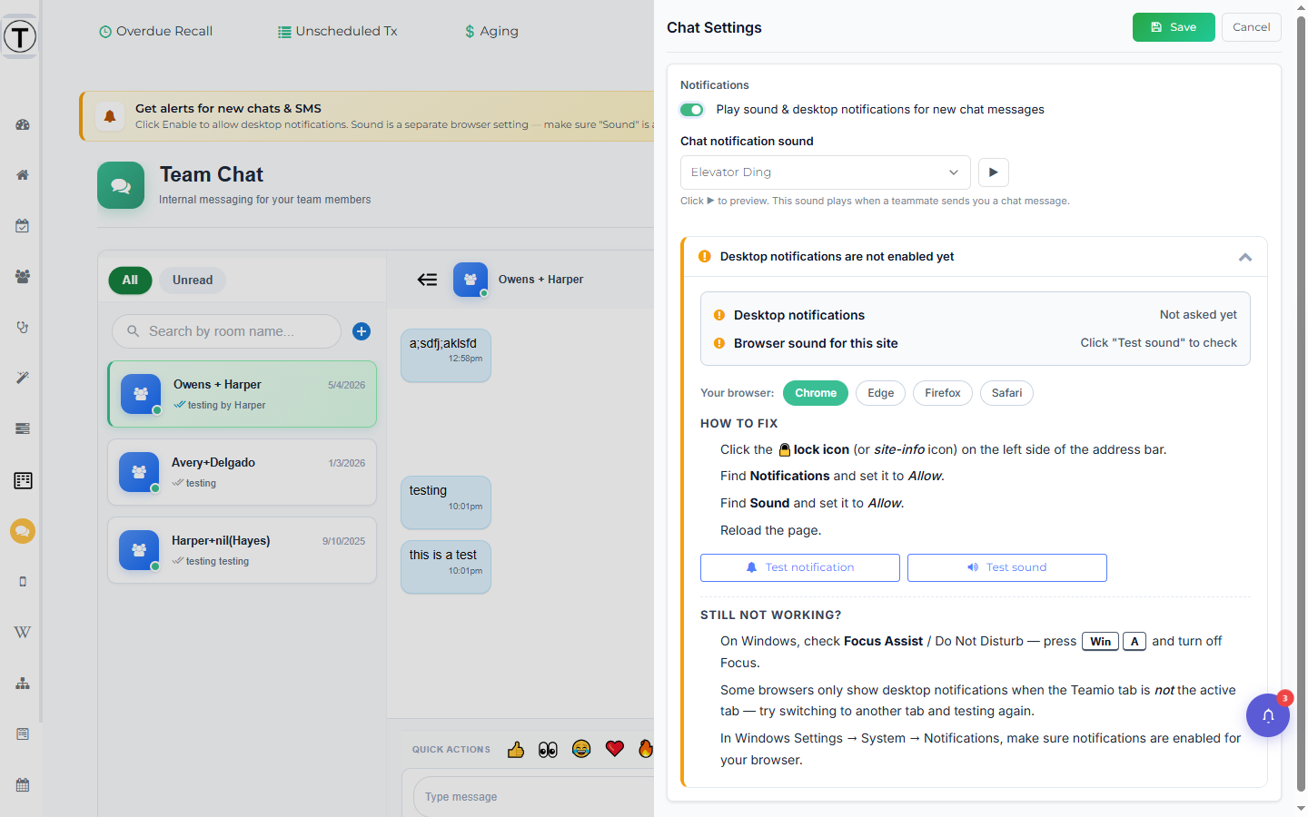 Chat Settings panel with the combined sound and desktop switch on, the notification-sound picker with a preview button, and the notification-help bar.