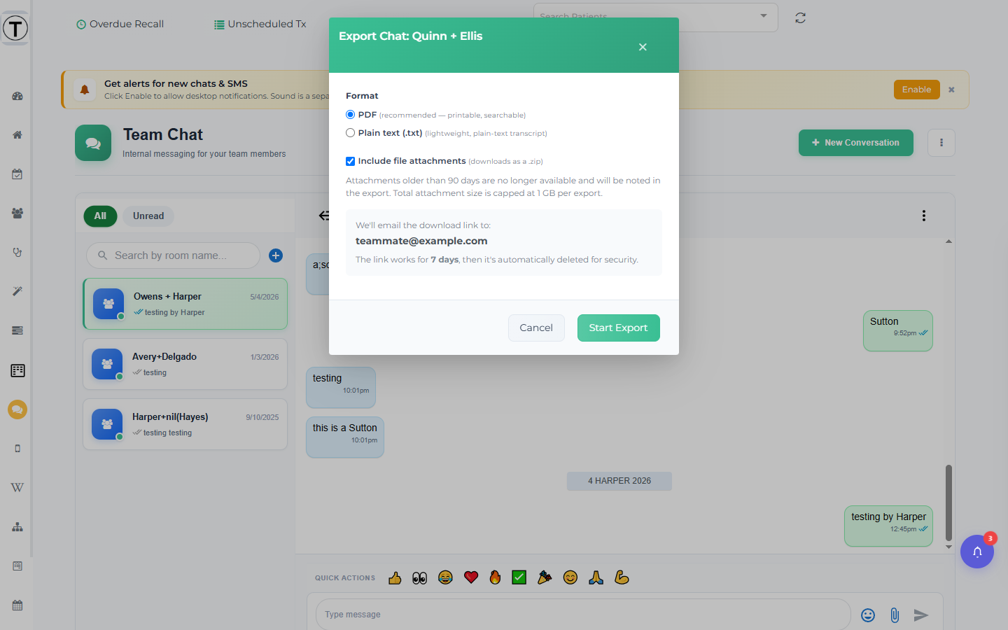 Export Chat modal with PDF and Plain text radios, an Include file attachments checkbox, the requester email, a 7-day link notice, and Start Export.