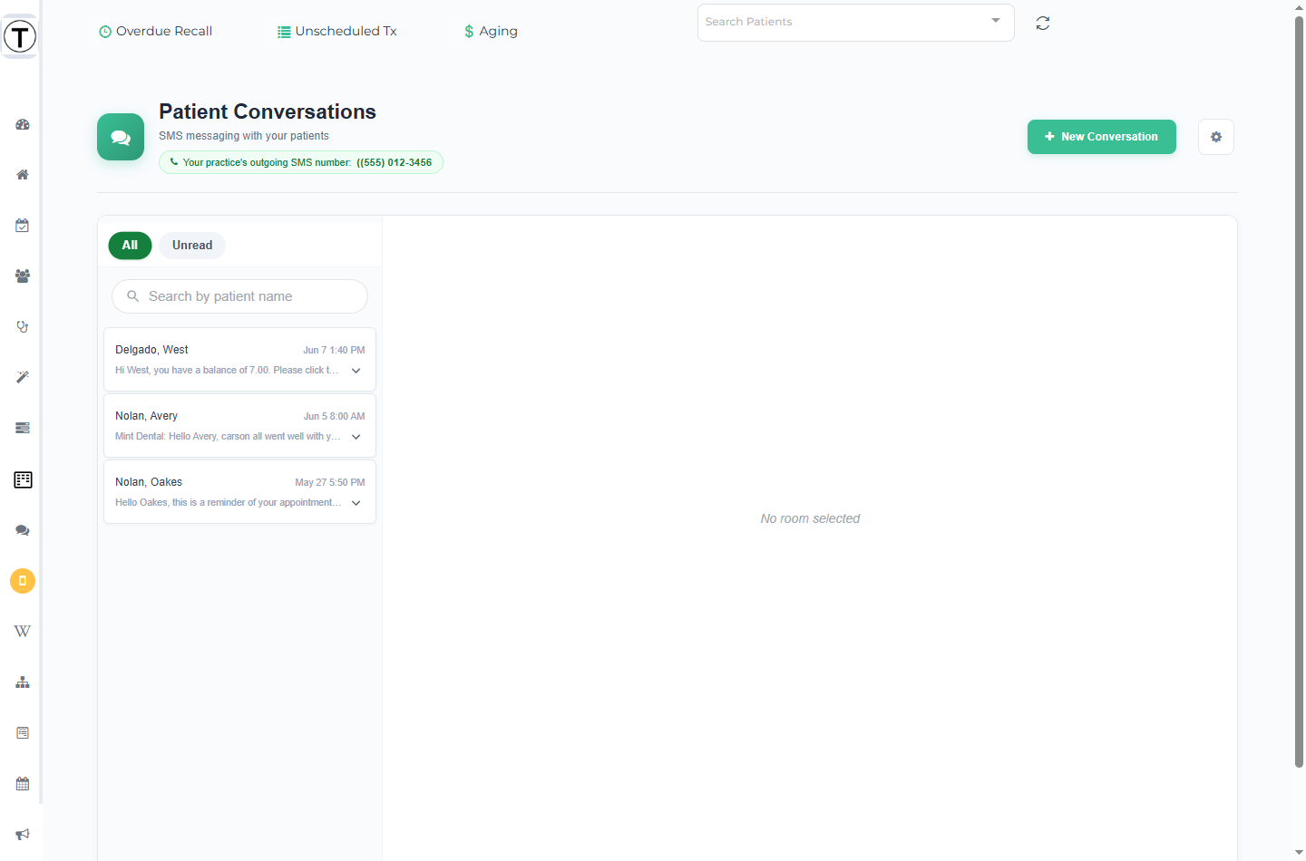 Patient Conversations shared inbox with the outgoing SMS number pill, conversation list, and open thread.