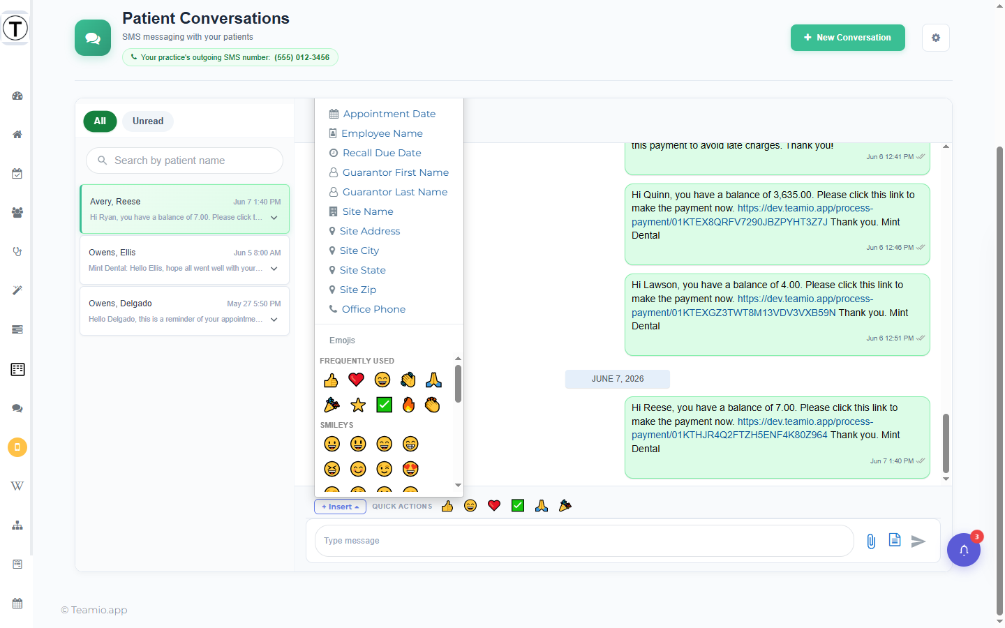 The + Insert drop-up open, showing the Variables list and an inline emoji grid.