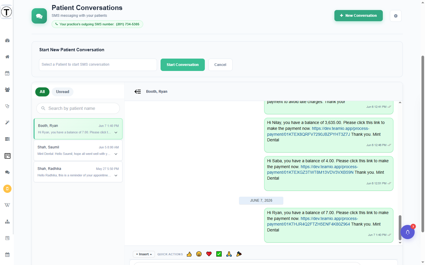 Start New Patient Conversation form with the patient dropdown open and Start Conversation and Cancel buttons.