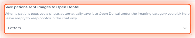 Close-up of the Save patient-sent images to Open Dental section at the bottom of the SMS Conversation Settings panel — a one-line description and the imaging-category dropdown, outlined in orange.