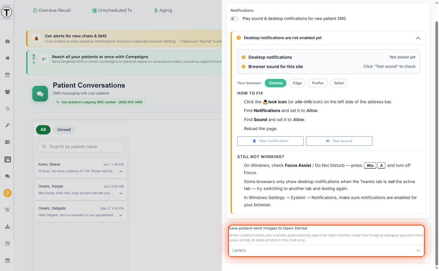 The full SMS Conversation Settings panel: notification and troubleshooting settings fill the top, with the Save patient-sent images to Open Dental section highlighted at the bottom.
