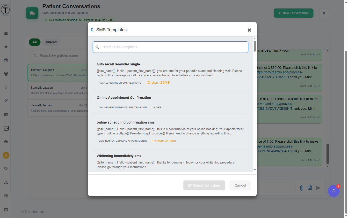 SMS Templates modal: a search box, template cards showing a category chip and character or SMS count, and Select Template and Cancel buttons.