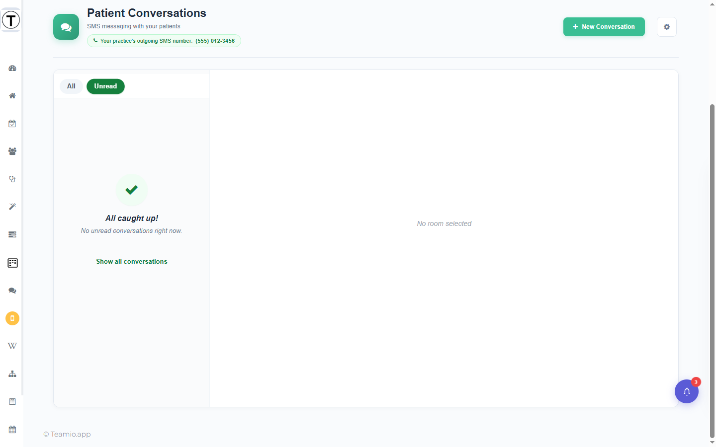 Unread filter active showing the All caught up empty state with a Show all conversations link.