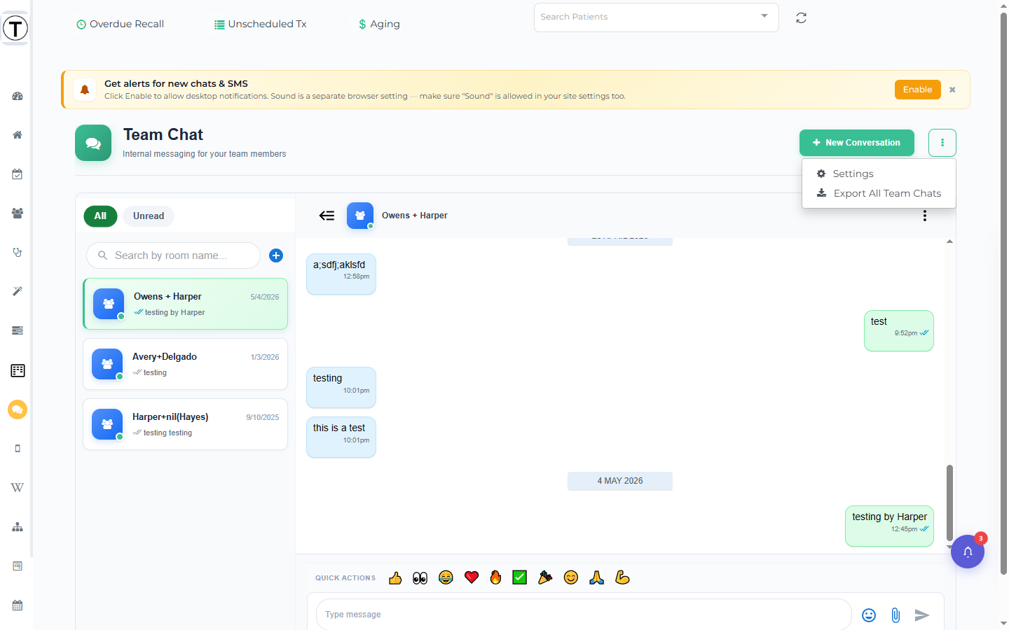 Team Chat page-header three-dot menu showing Settings and the admin-only Export All Team Chats.