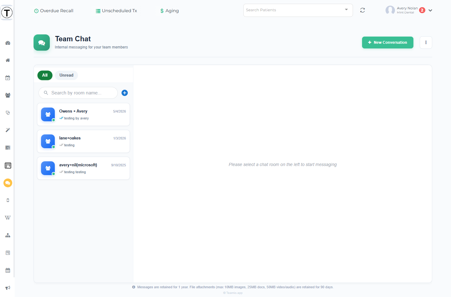Team Chat page: header with New Conversation button and a three-dot menu, All and Unread chips, room search box, rooms list, and an open room.