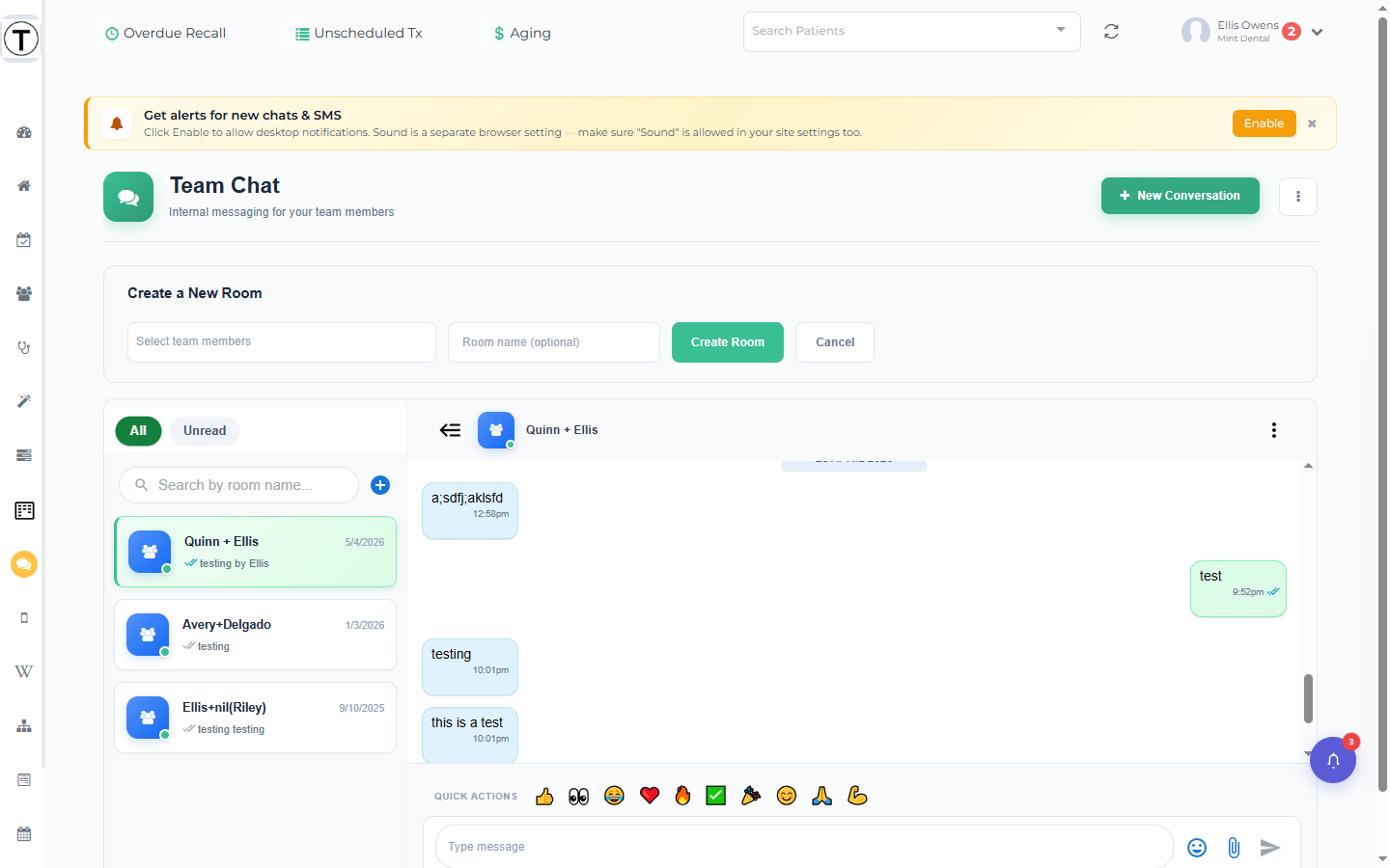 Create a New Room form with the Select team members multiselect, an optional Room name field, and Create Room and Cancel buttons.