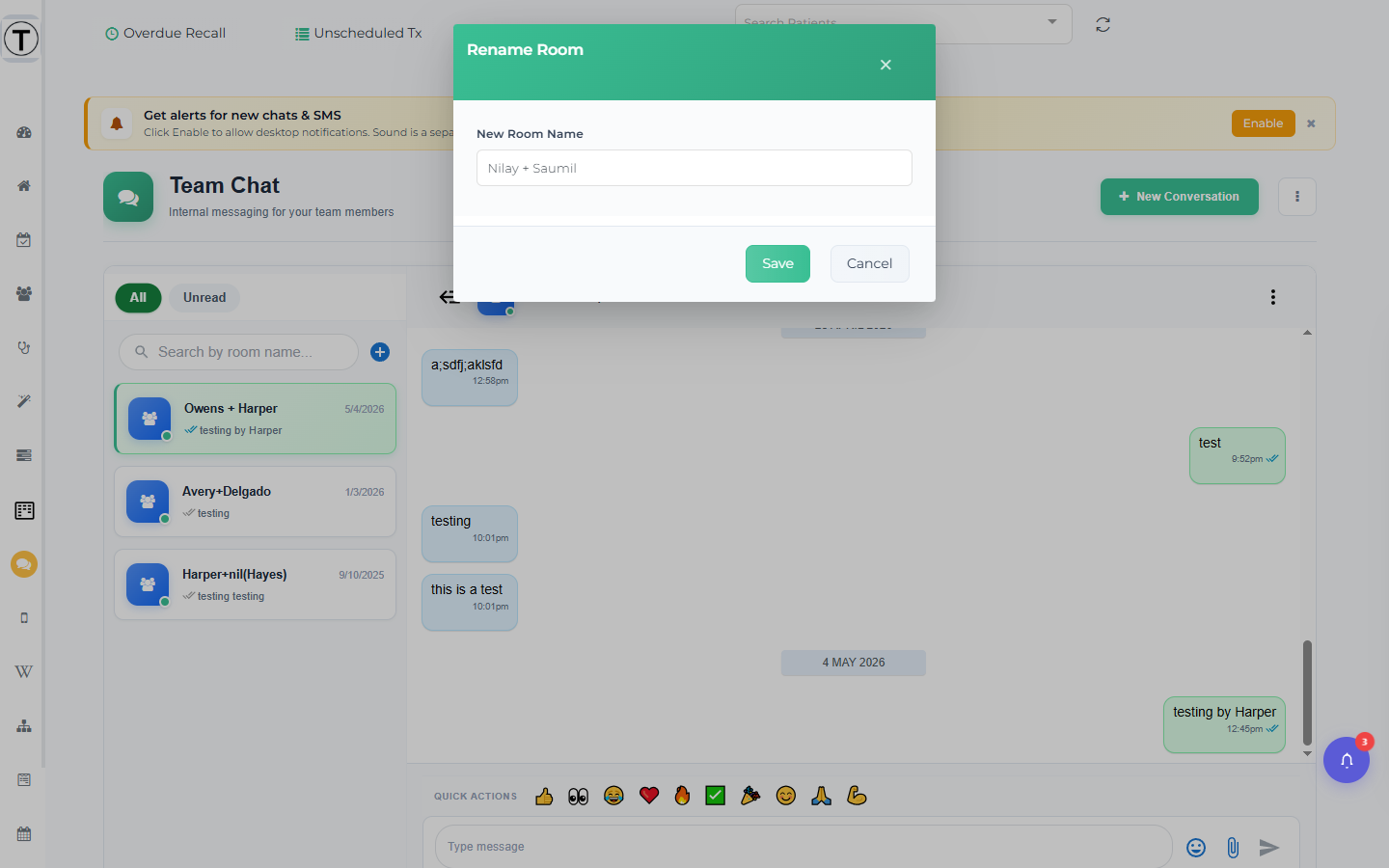 Rename Room modal with a New Room Name field and Save and Cancel buttons.