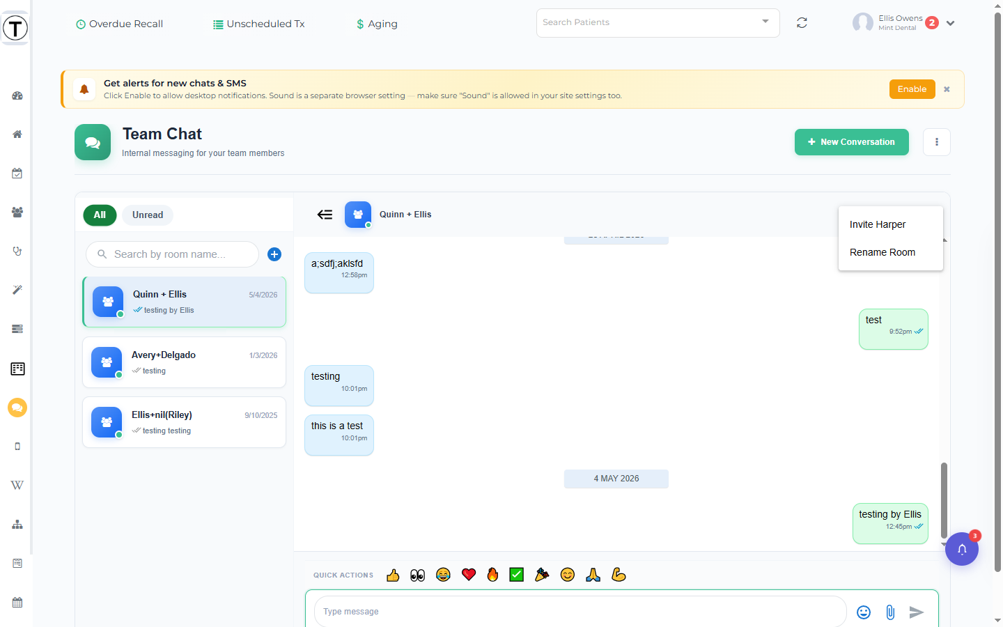 Room menu as an Employee, showing only Invite User and Rename Room — no Delete Room or Export Chat.