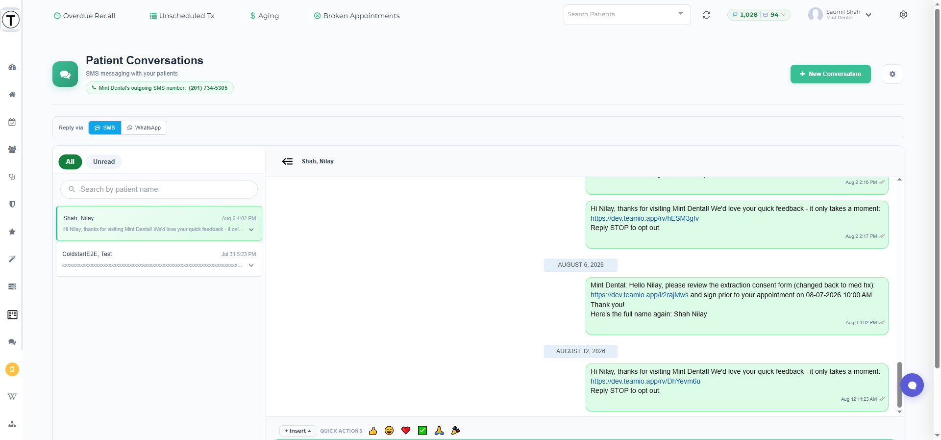 Patient Conversations with the Reply via SMS / WhatsApp selector above the open thread.