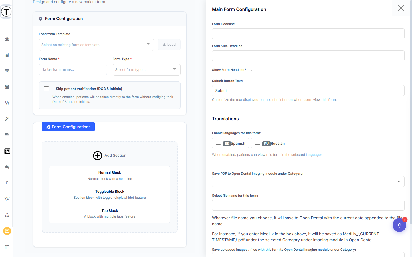Add Section chooser with Normal Block, Toggleable Block, and Tab Block options.