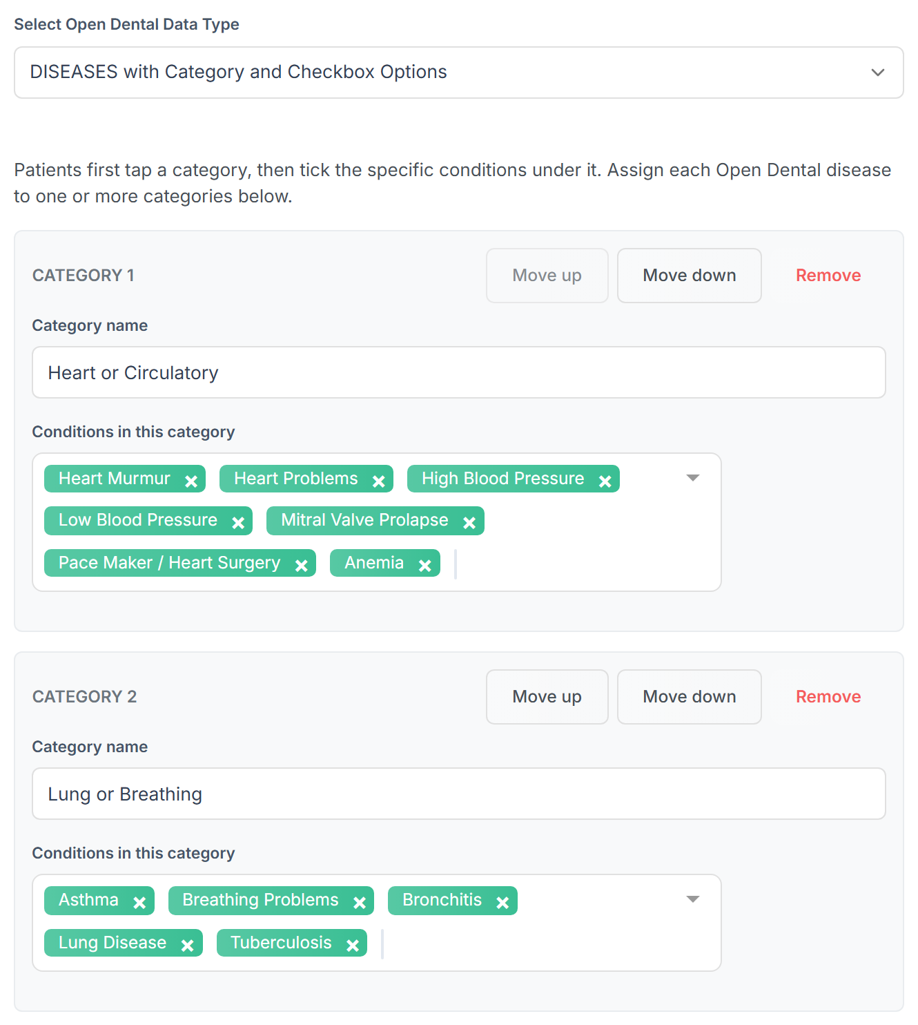 Control Specific Configuration showing DISEASES with Category and Checkbox Options, the intro line, and the first two category cards with their conditions.