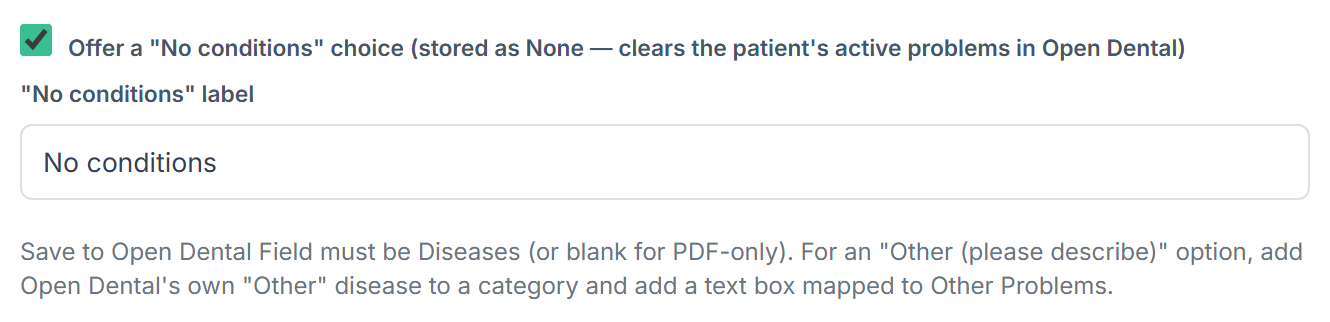 The Offer a No conditions choice checkbox, its label box, and the helper note.