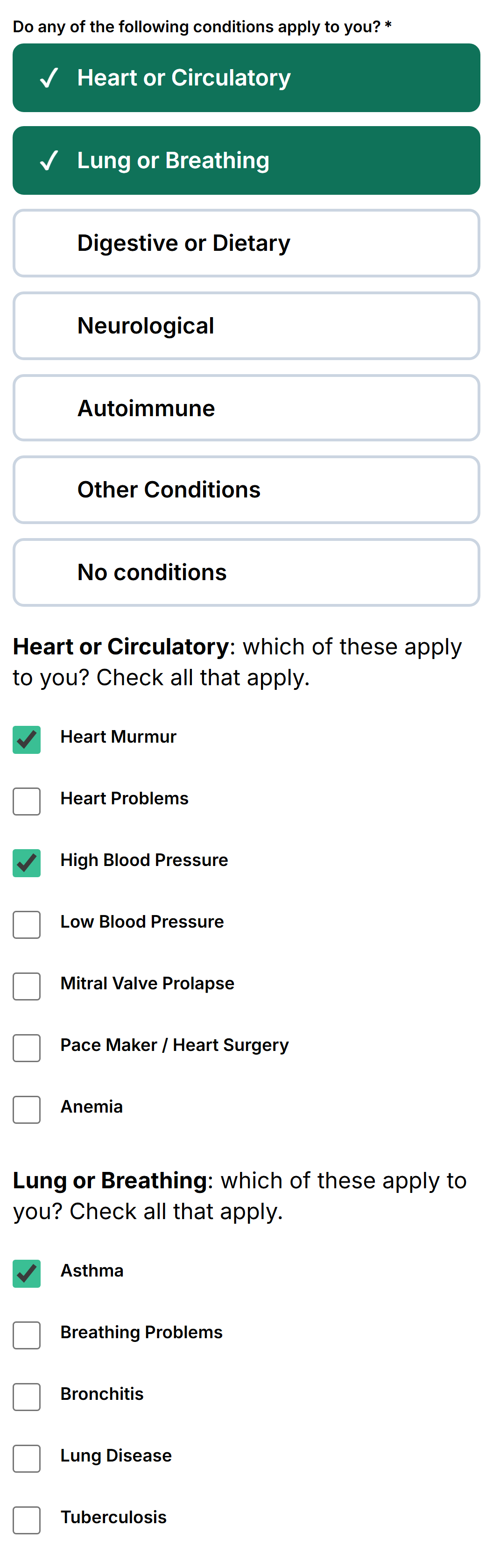 The category buttons stacked one per row on a phone-width screen.
