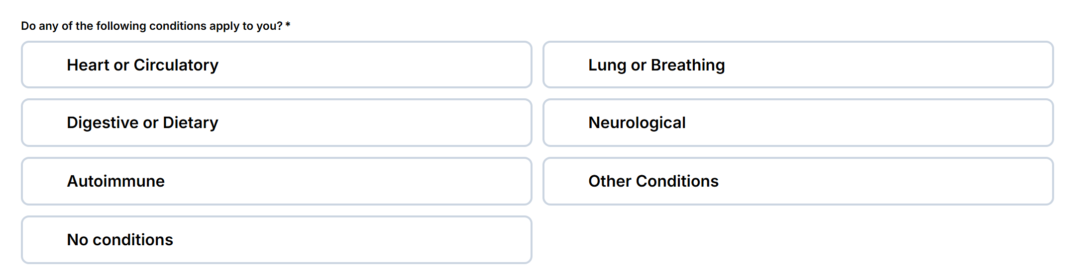 The patient's view before tapping: seven large category buttons.