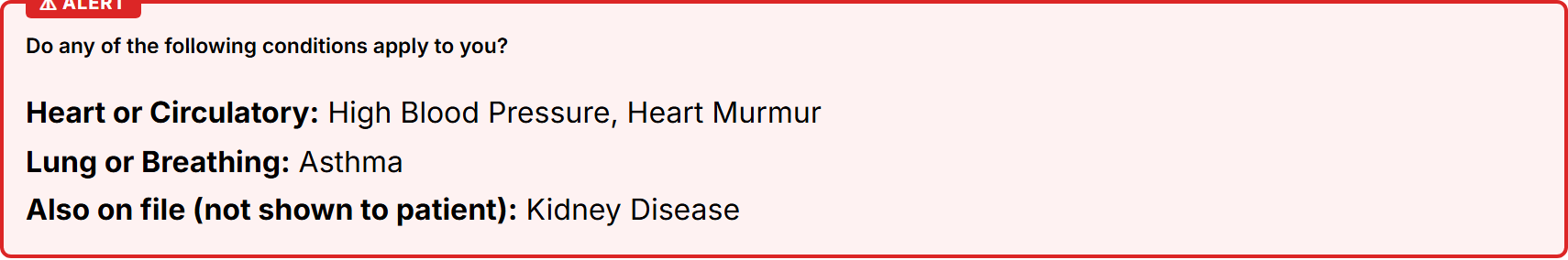Staff submission view: answers grouped by category, an Also on file line, and a red ALERT box.