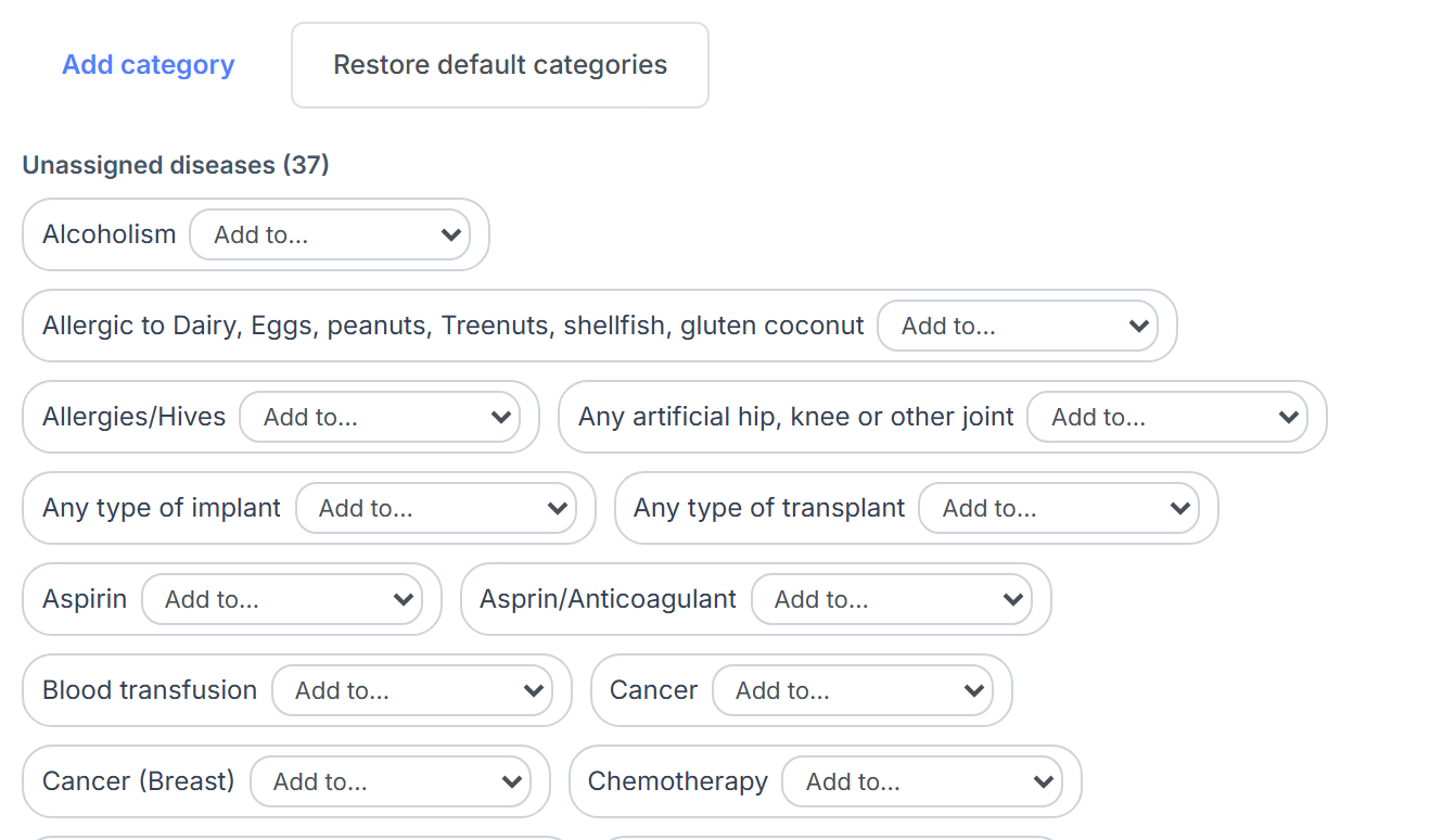 Add category, Restore default categories, and Unassigned diseases chips each with an Add to dropdown.