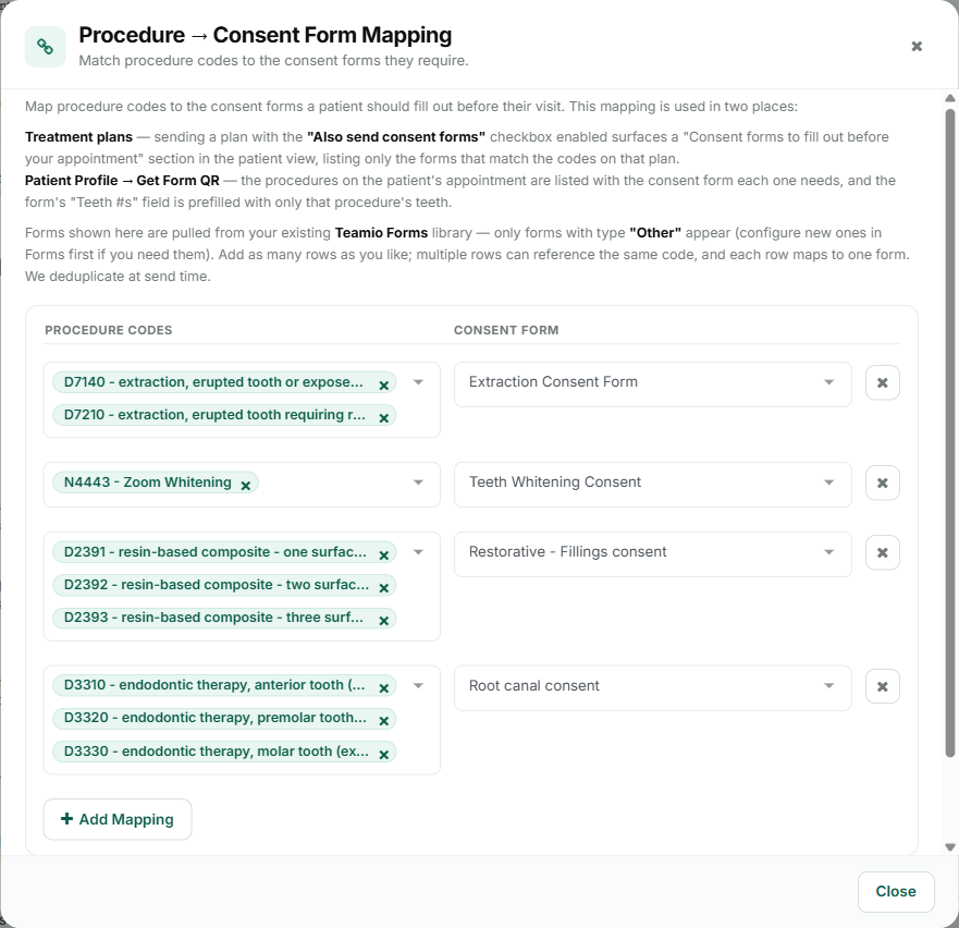 The Procedure to Consent Form Mapping dialog. Four rows each pair procedure-code chips with one consent form: the two extraction codes with Extraction Consent Form, N4443 Zoom Whitening with Teeth Whitening Consent, the three posterior composite codes D2391 to D2393 with Restorative - Fillings consent, and the three endodontic codes with Root canal consent. An Add Mapping button sits below the rows.