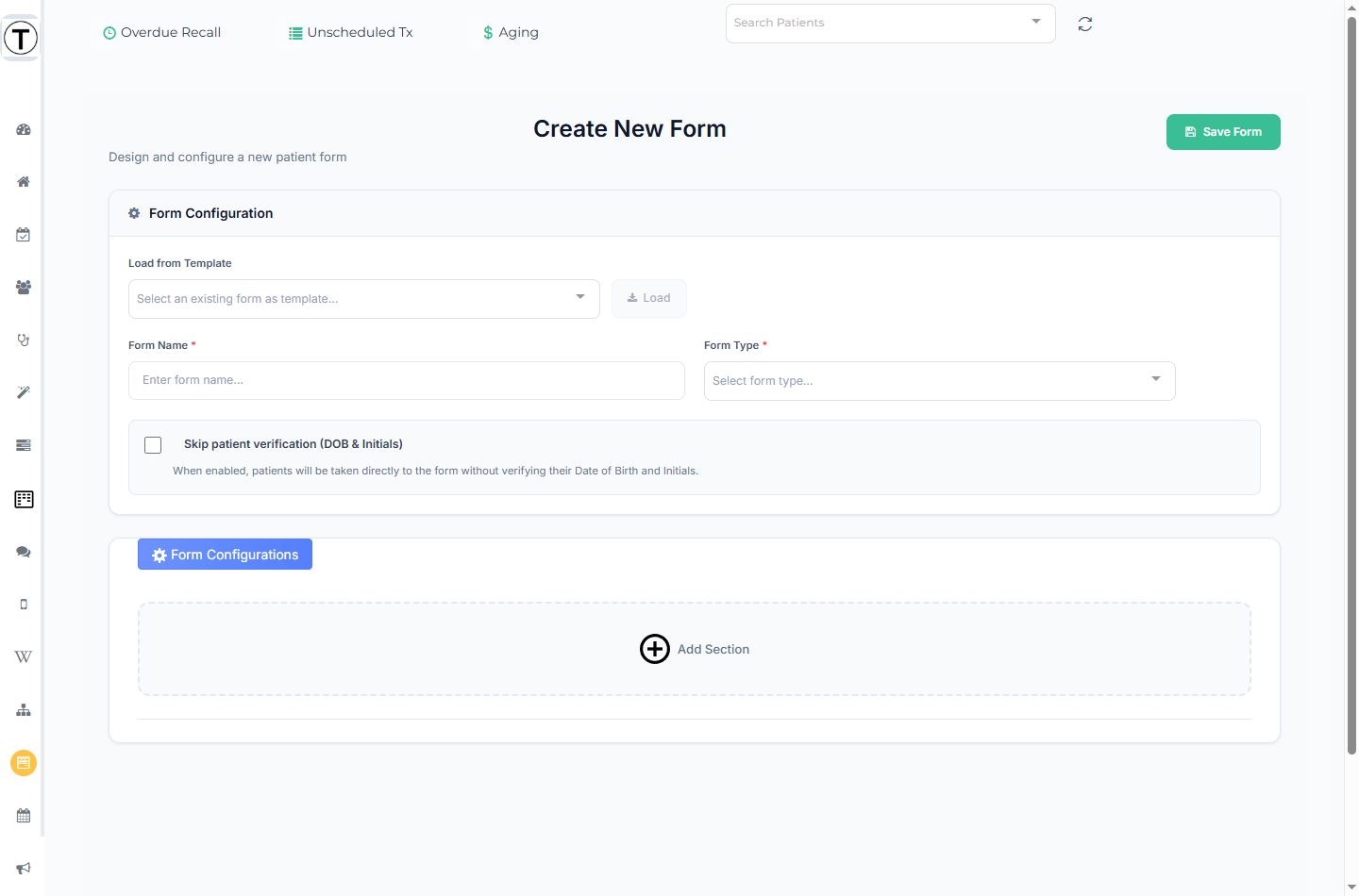 Create New Form page with the Form Configuration card and an empty builder area.