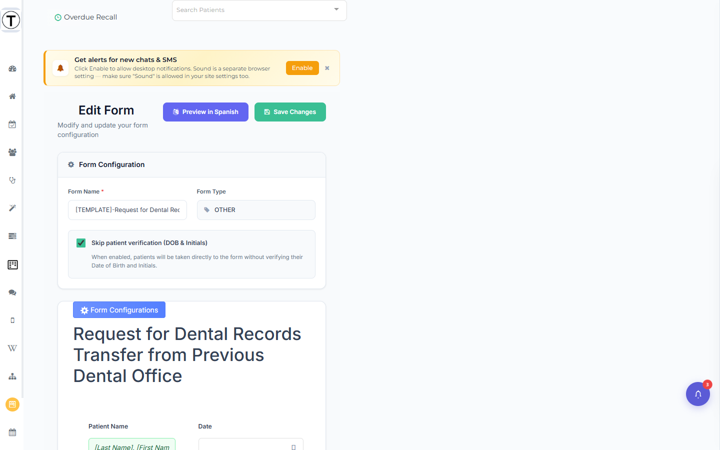 Edit Form page with the Save Changes button, a read-only Form Type chip, and the builder sections below.