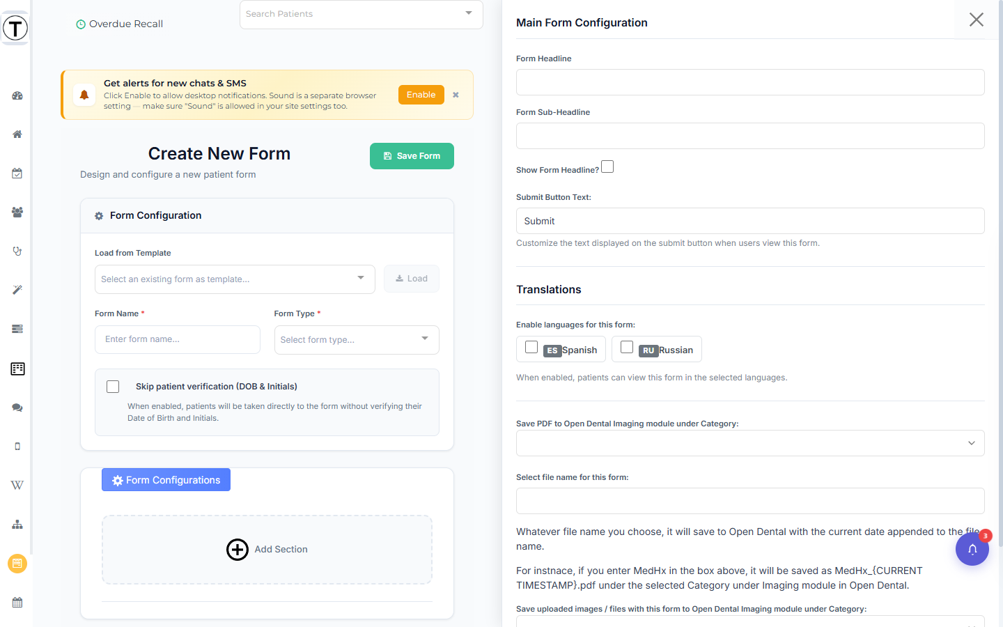 Form Configurations sidebar with headline fields, submit text, PDF imaging category, and file name settings.