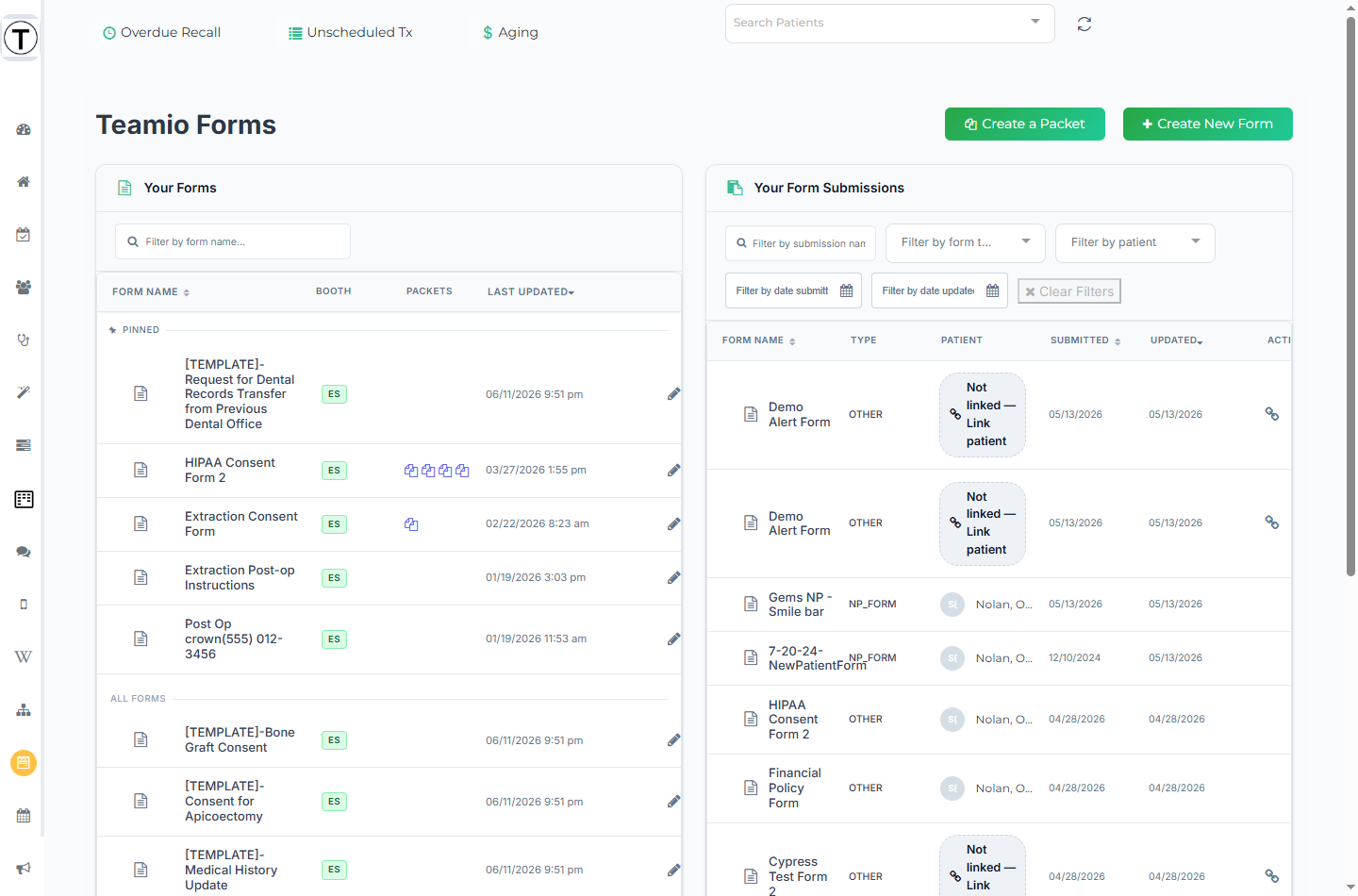 The Teamio Forms page with the Your Forms list beside the Your Form Submissions panel.