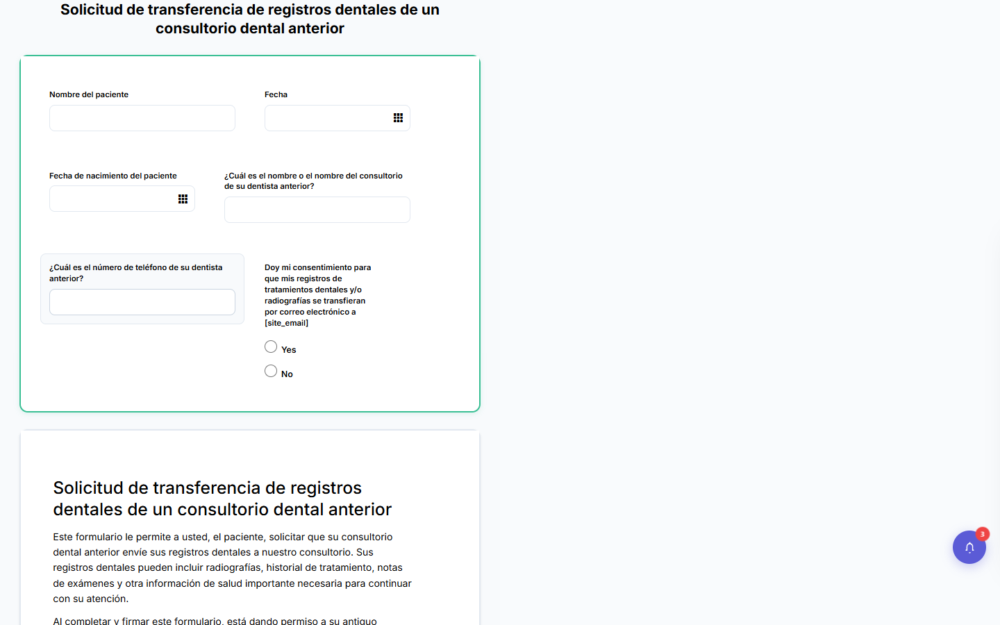 Patient-facing form rendered in Spanish with the language toggle in the header.