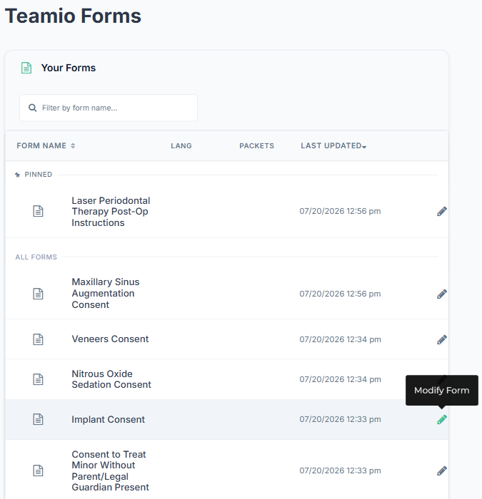 The Forms list with the pencil Modify Form icon shown on a hovered form row.