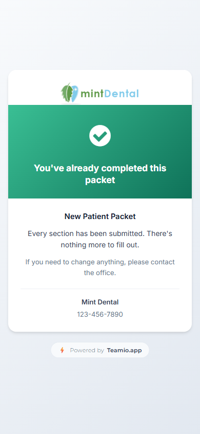 The "already completed" page: a green checkmark, "You've already completed this packet," the packet name, and the office's contact details — no form, no Submit button.