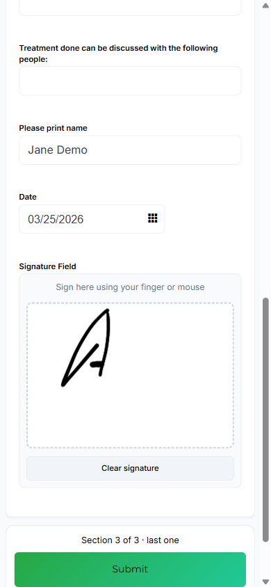 The last section of a packet: the caption "Section 3 of 3 · last one" above a green "Submit" button.