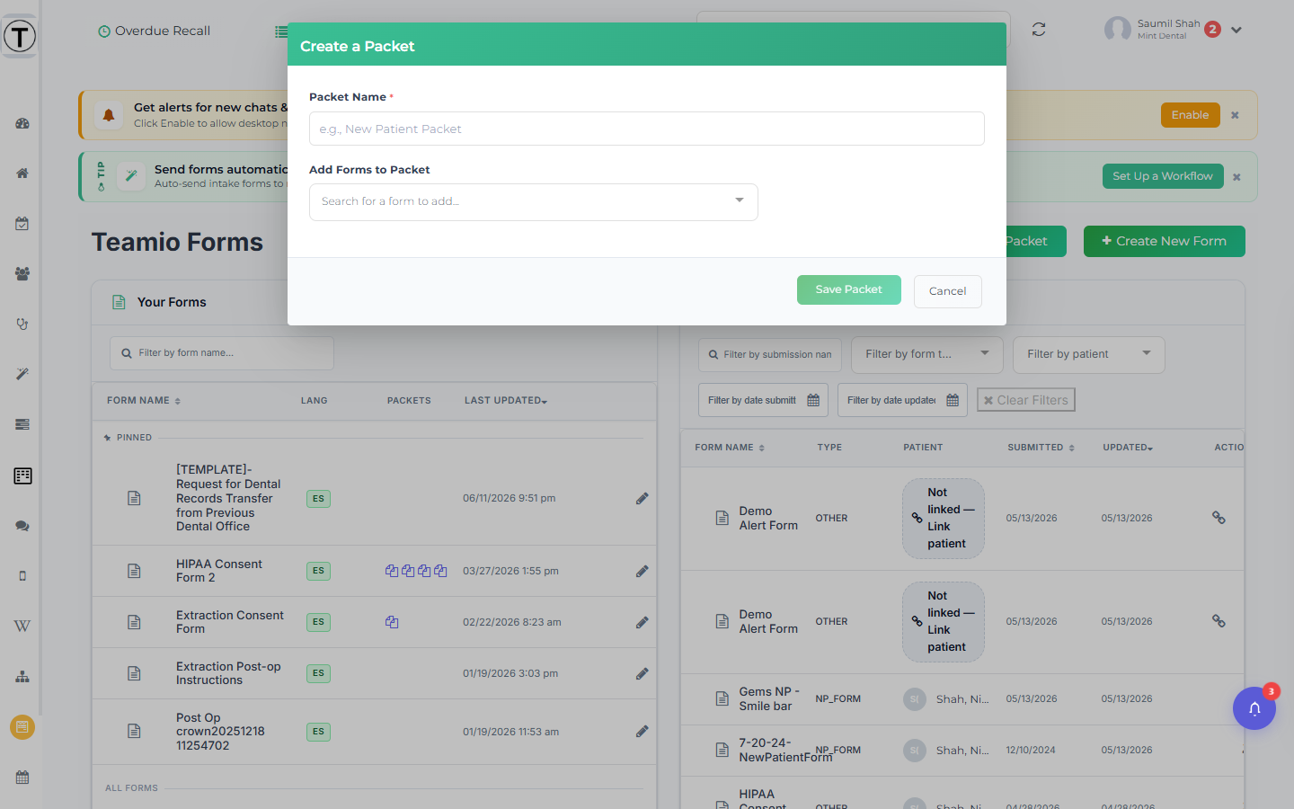 Create a Packet modal with a name field, an Add Forms multiselect, and a numbered Forms in Packet list.