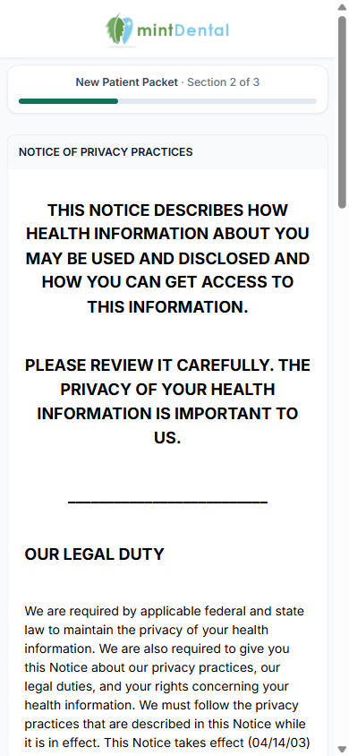 Reopening the same packet link: it lands directly on Section 2 with the progress bar already partly filled.