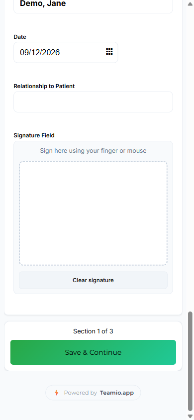 The bottom of a non-final section: the caption "Section 1 of 3" above a green "Save & Continue" button.
