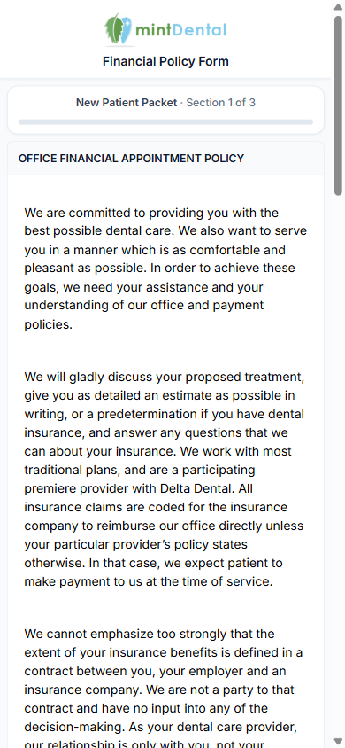 The first section of a packet: the progress strip reading "New Patient Packet · Section 1 of 3" under the practice logo, with the form beneath it.